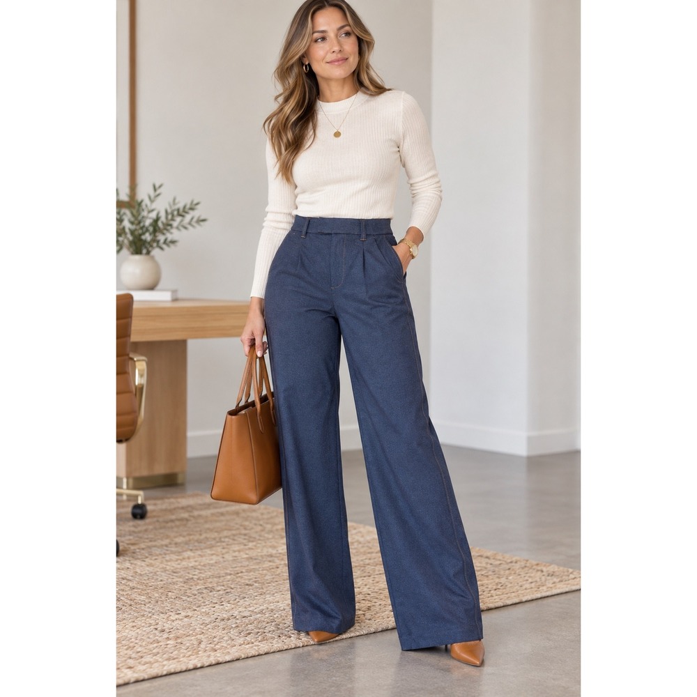 Democracy "Ab"solution Wide Leg Navy Blue Trouser Pants Size 10 Contrast Stitch